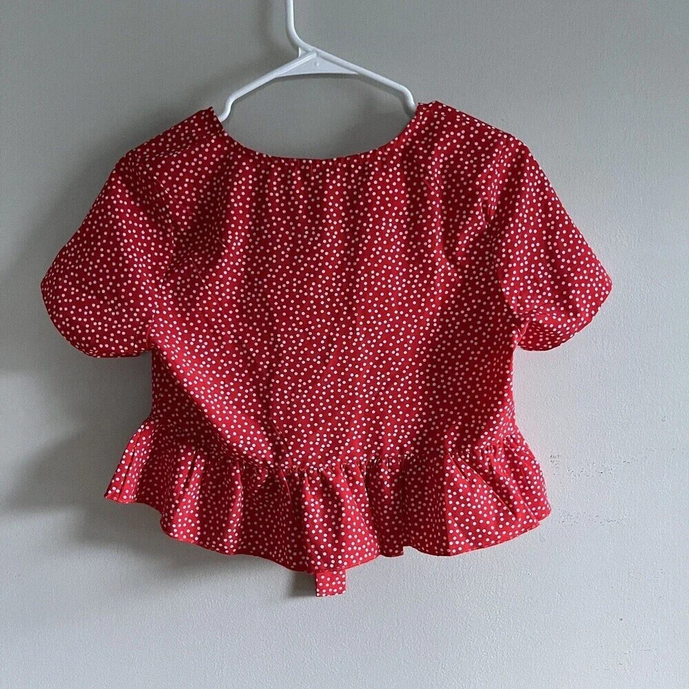 Shein Women’s XS Red Blouse Polka Dot Crop Top Wrap USA Tie Front Ruffle - Picture 7 of 8